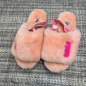 UGG Peach Fluffy Disco Platform Slides with Pink Strap size 8